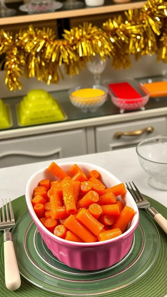 A colorful dish of glazed carrots with a shiny, sweet glaze, served in a pink dish.