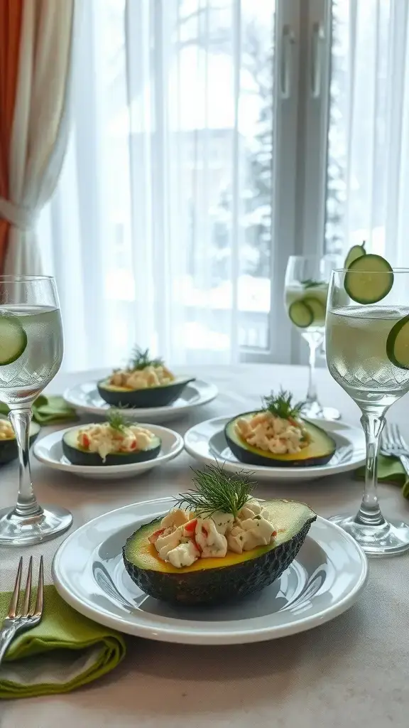 A plate of crab-stuffed avocados with a garnish of dill, presented elegantly for a dinner party.
