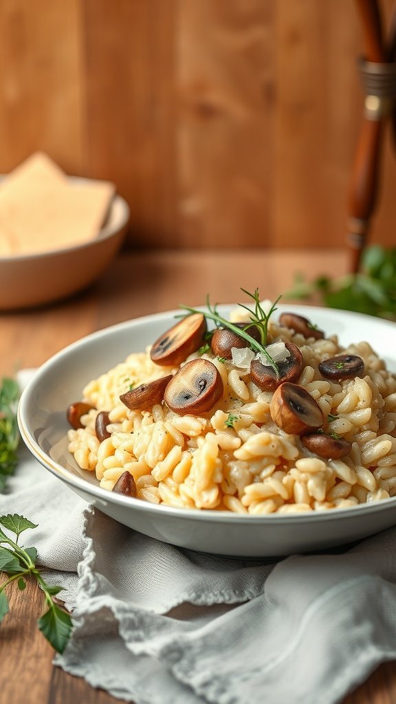 A bowl of creamy mushroom risotto topped with sliced mushrooms and garnished with herbs.