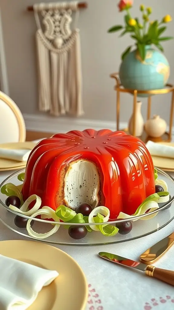A vibrant tomato aspic ring with a creamy filling, garnished with onions and grapes.