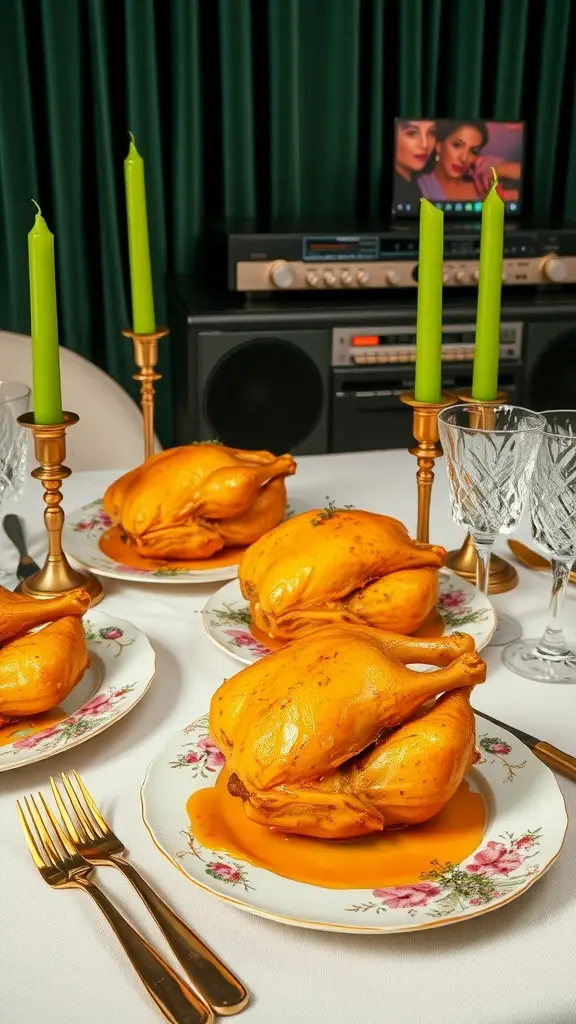 Glazed Cornish game hens served with apricot sauce at a vintage dinner party setting.