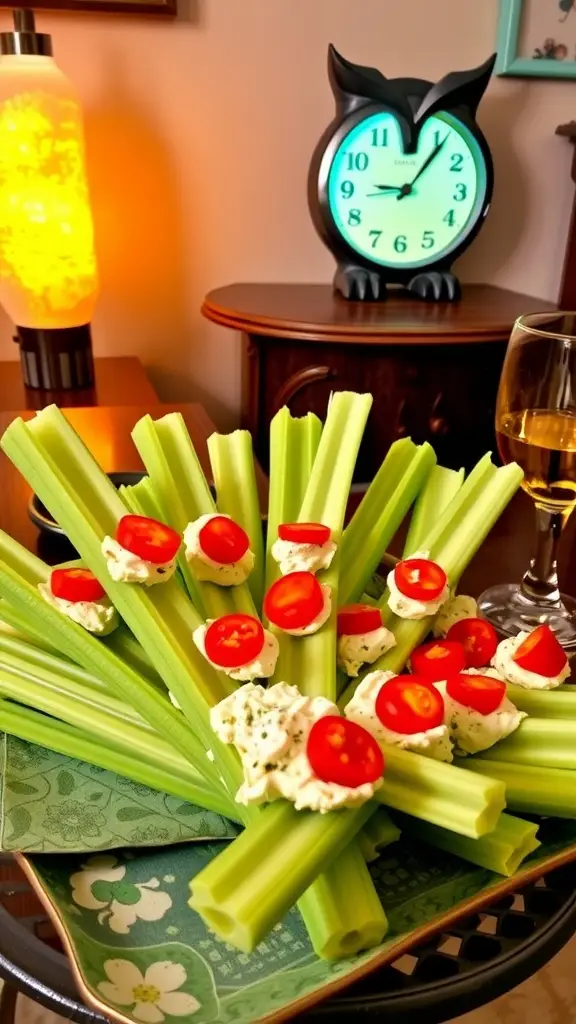 A platter of stuffed celery with cream cheese and pimentos, garnished with cherry tomatoes.