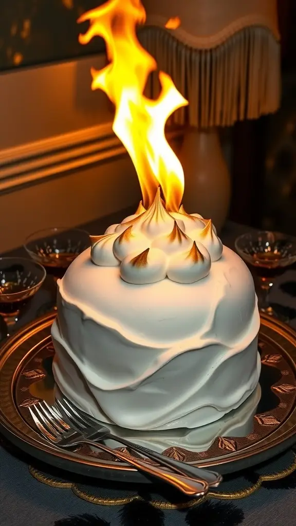 A beautifully presented Baked Alaska dessert with flaming meringue on top.