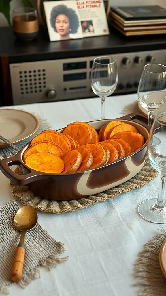Candied Sweet Potato Fans With Orange Glaze in a baking dish