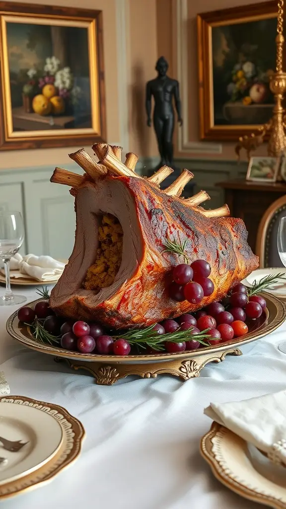 A beautifully arranged Herb-Crusted Pork Crown Roast served on an elegant table setting.