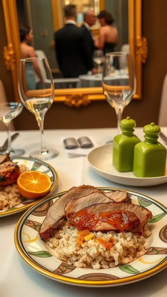 A beautifully plated citrus-glazed duck served with wild rice, garnished with fresh herbs.