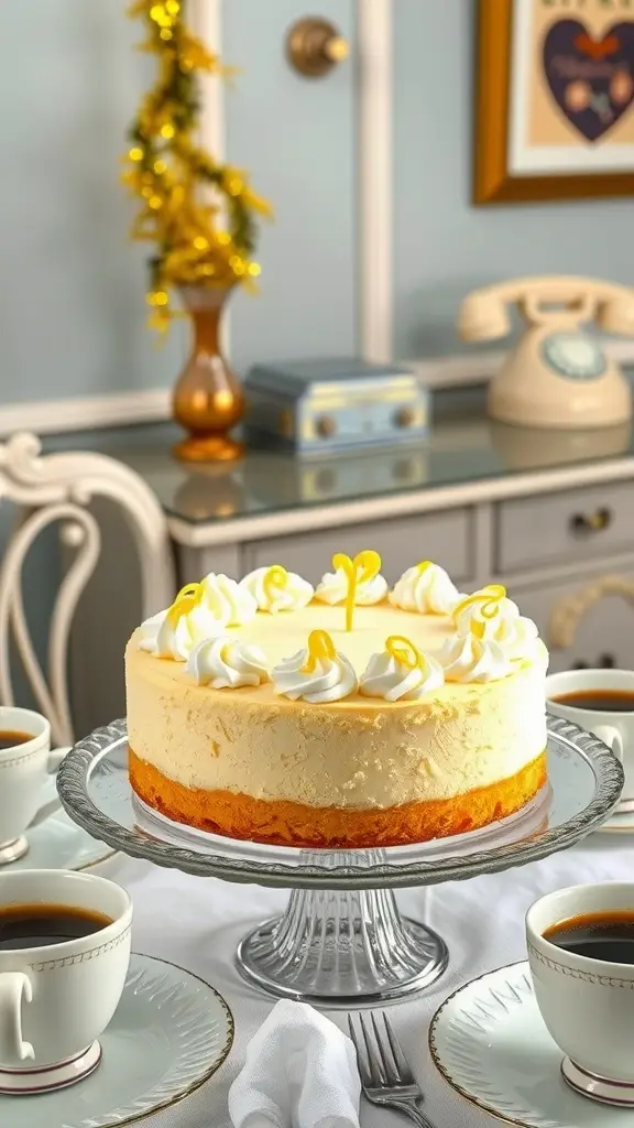 A beautiful lemon chiffon pie with whipped cream peaks, set on a table with coffee cups.