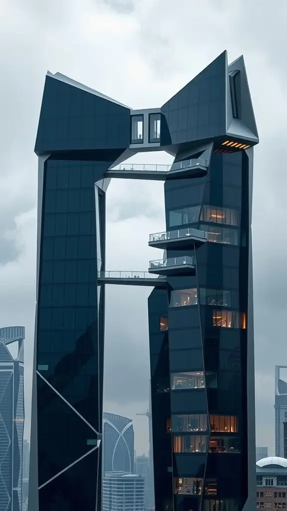 Futuristic building resembling a sci-fi residence with angular design and glass exterior.