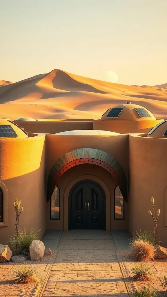 Futuristic sandstone dome dwelling in a desert landscape