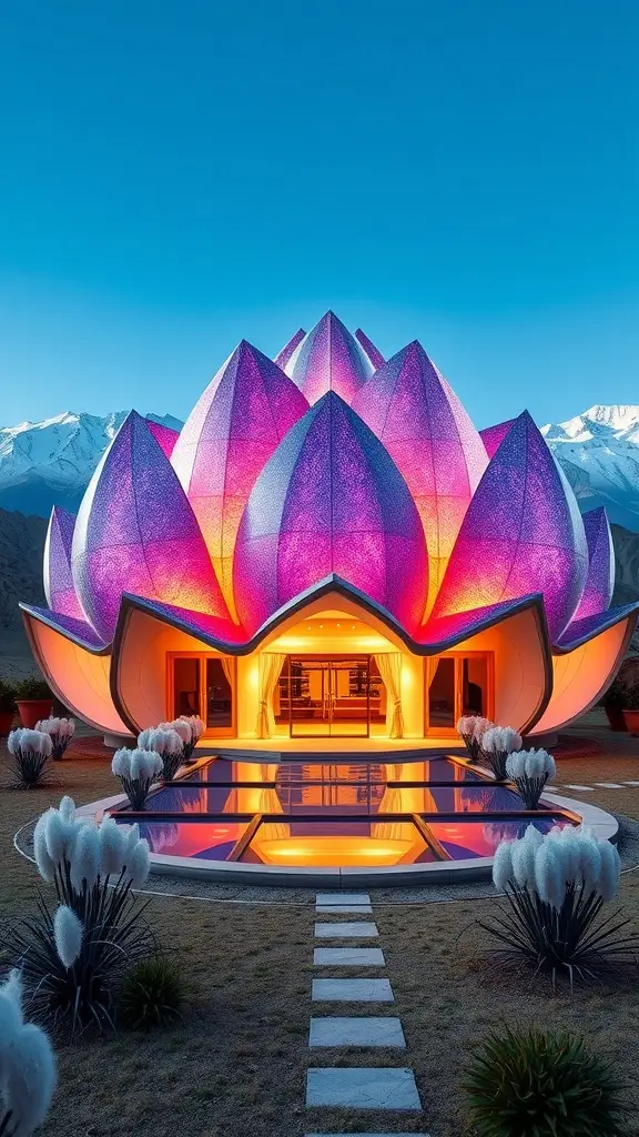 A colorful house designed like a flower with a shell-like structure, set against a mountain backdrop.