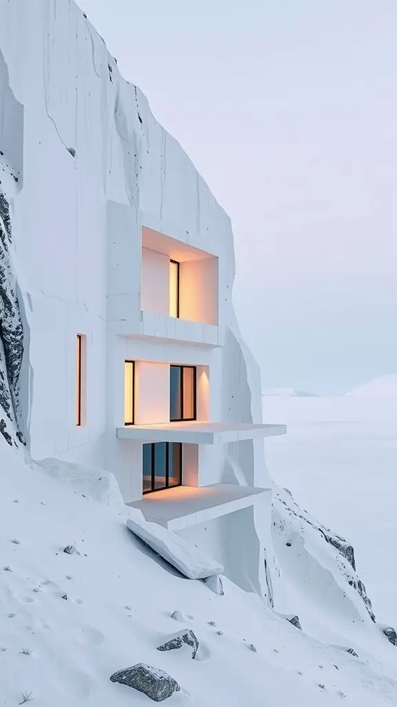 A futuristic white home built into a snowy glacier landscape, featuring large windows and minimalistic design.