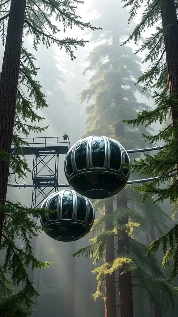 Futuristic living pods suspended in a lush forest canopy