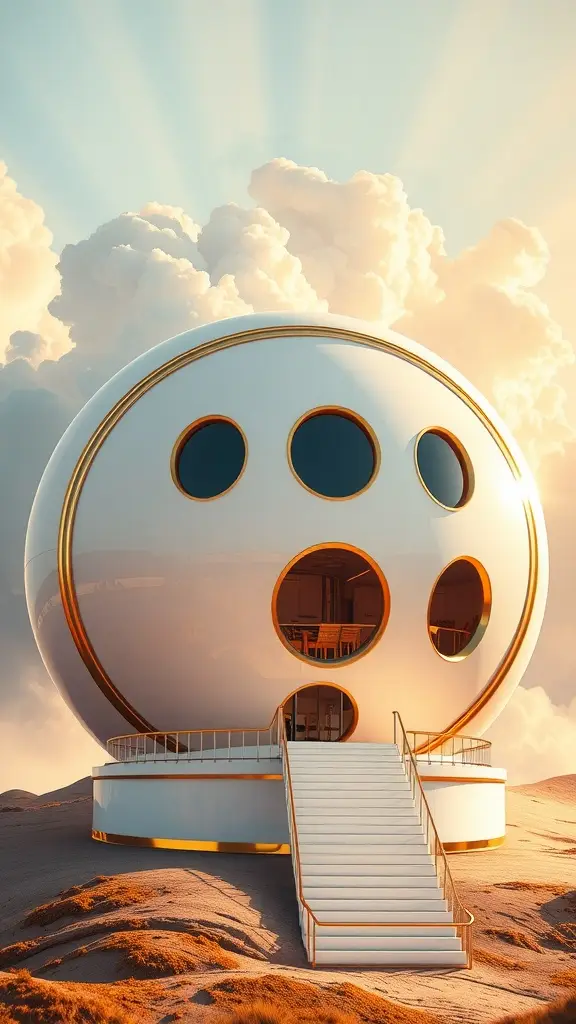 Futuristic hover estate in a cloudy sky, showcasing a sleek design above a rocky terrain.