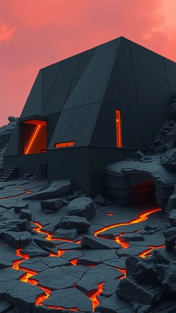 A futuristic fortress surrounded by lava rocks and glowing lava, representing a striking design inspired by Star Wars.