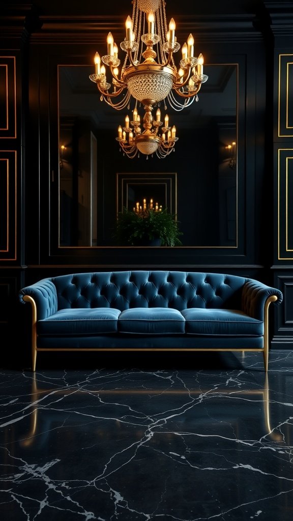 A luxurious midnight blue tufted couch with a marble floor and an elegant chandelier above.