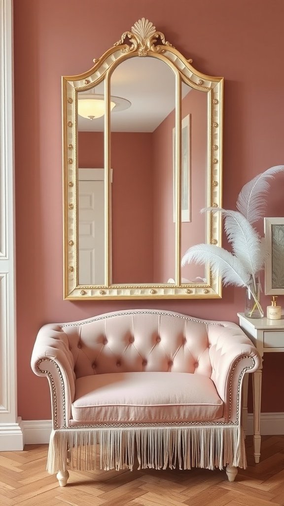 A chic powder room featuring a champagne blush wall color, a tufted pink couch with fringe, and an ornate golden mirror reflecting the stylish decor.