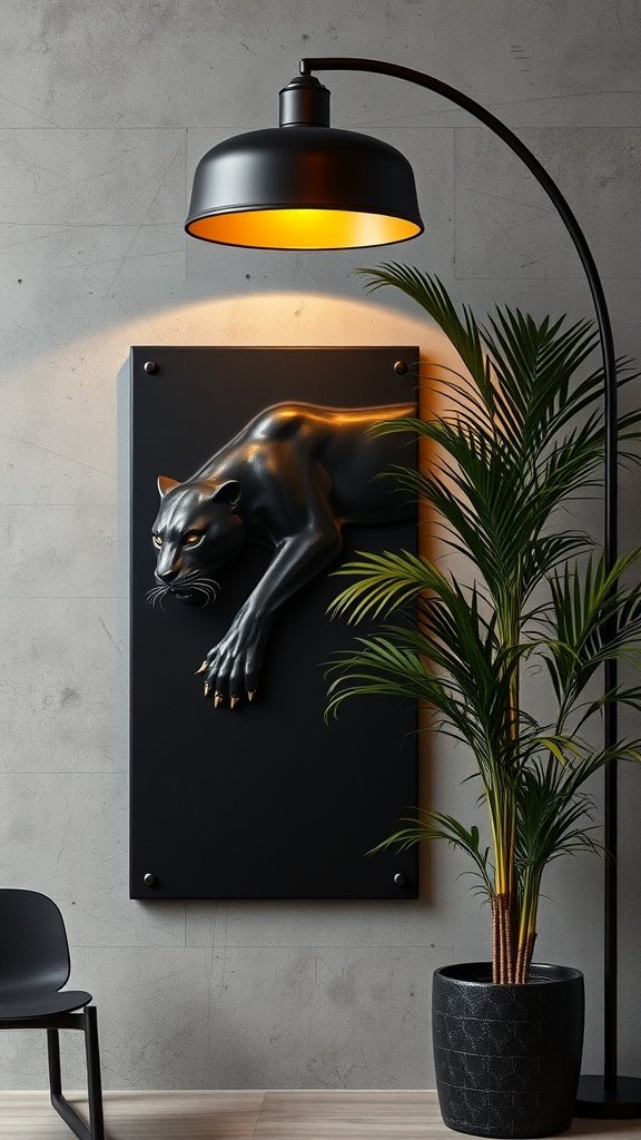 Black and gold deco panther relief on a concrete wall, with a plant and lamp nearby.