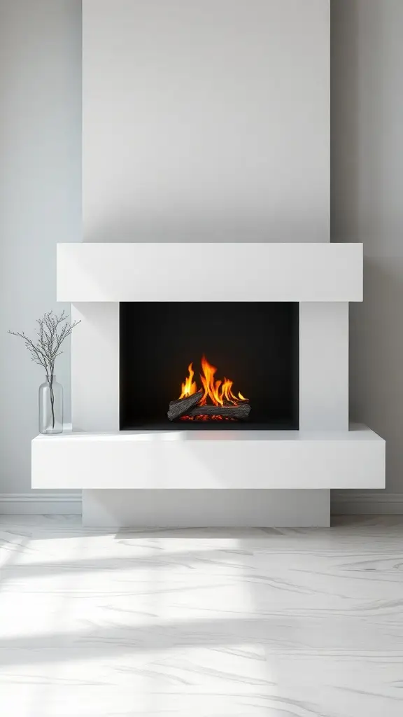 A modern minimalist fireplace with clean lines, featuring a white exterior and black interior, with flames visible.