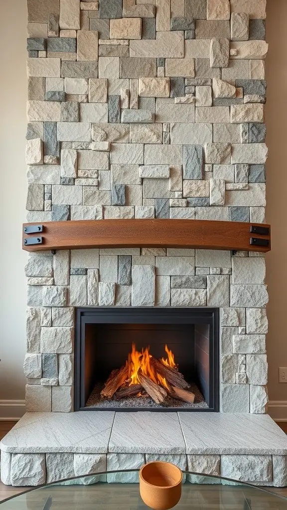 A modern fireplace with a stone wall and metal frame, featuring a wooden mantel.