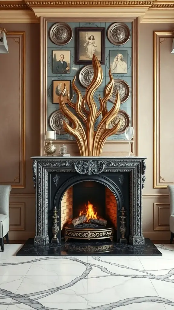 A modern artistic fireplace with a sculptural flame design, surrounded by classic artwork and a marble floor.