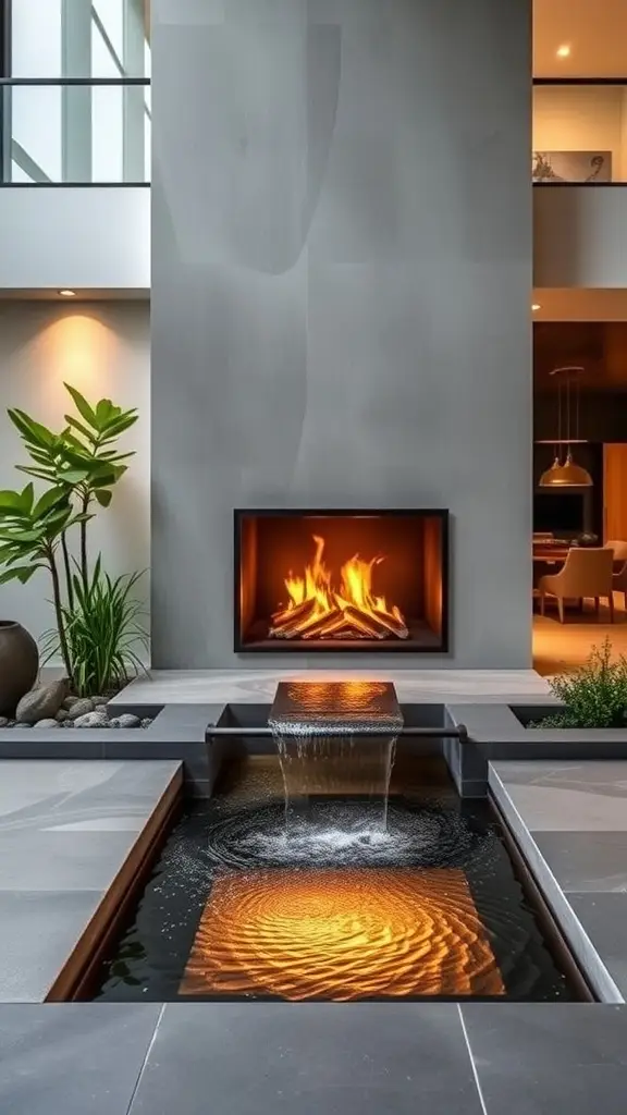 A modern fireplace design featuring a sleek structure with flames, surrounded by minimalist decor.