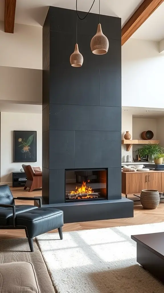 Modern fireplace serving as a room divider in a stylish living space.