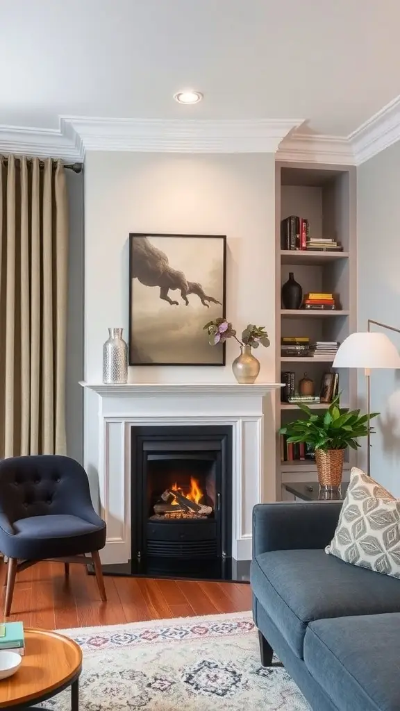 A modern corner fireplace in a stylish living room with a cozy atmosphere.