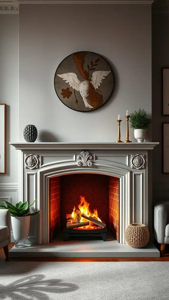 A modern fireplace with an artistic mantel featuring intricate details, surrounded by cozy decor.