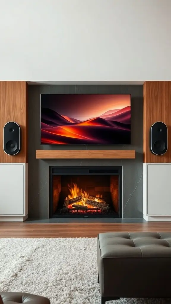 Modern fireplace integrated with a television and speakers in a stylish living room.