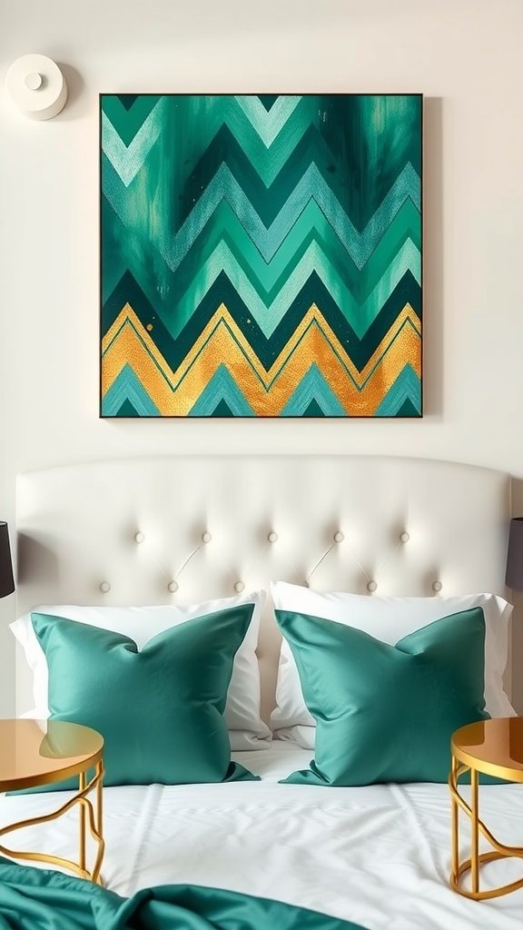 Emerald Chevron Canvas artwork above a stylish bed with teal pillows and gold side tables in a modern bedroom.