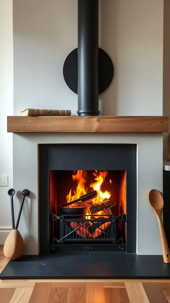 A modern multi-functional fireplace with a black chimney and wooden mantel, featuring a cozy fire.