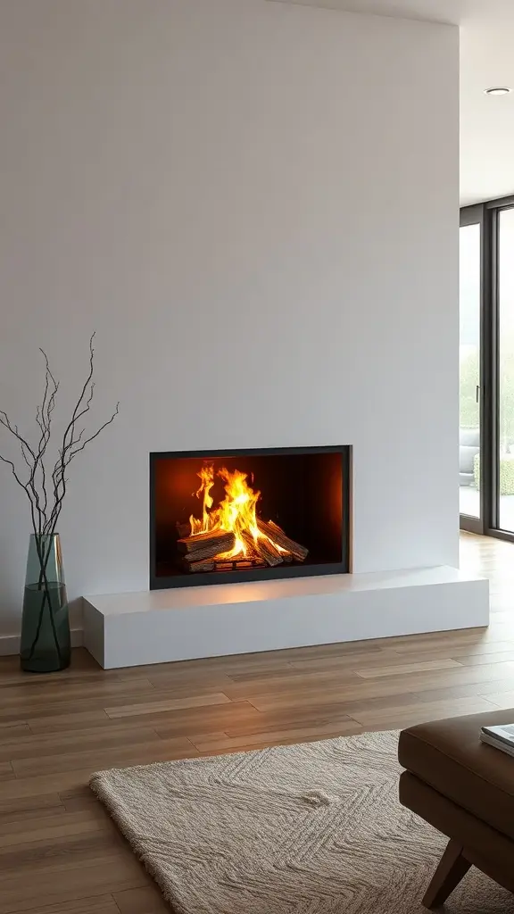 A modern fireplace with wood logs burning inside, featuring a minimalist design and a clean aesthetic.