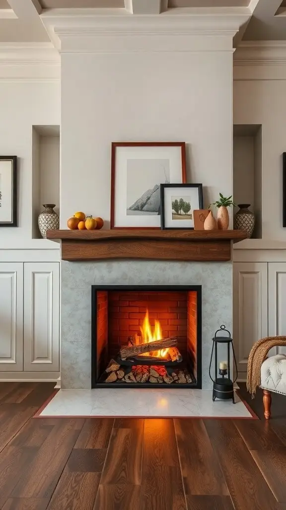 A modern fireplace with built-in storage, featuring a warm fire, decorative items on the mantle, and a cozy atmosphere.