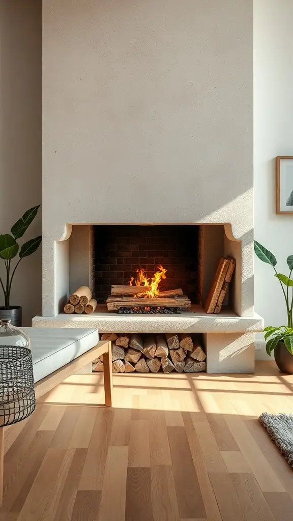 A modern fireplace with eco-friendly materials, featuring a clean design and stacked logs.