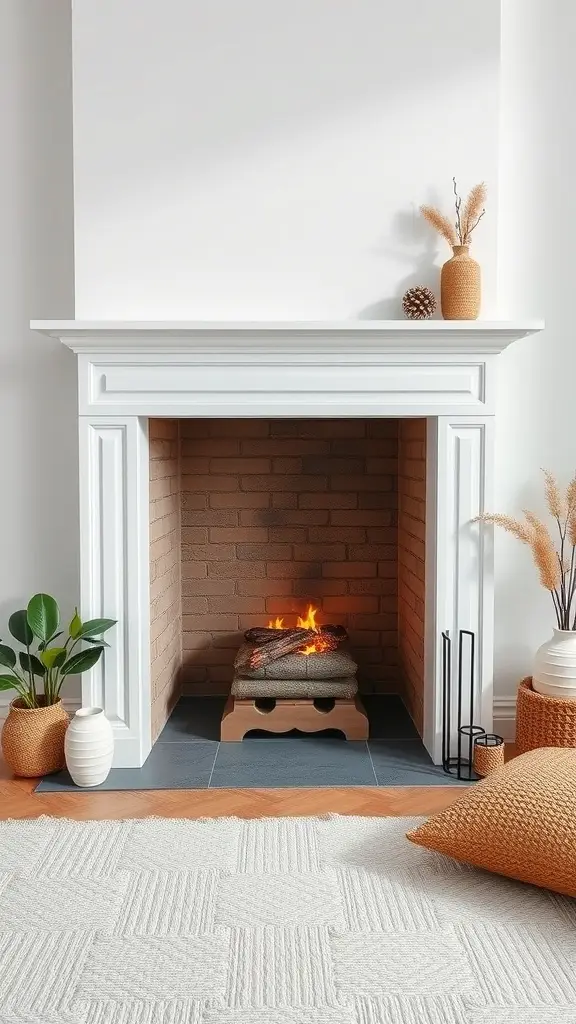 A minimalist fireplace with a light mantel, brick interior, and simple decor, creating a modern and cozy atmosphere.