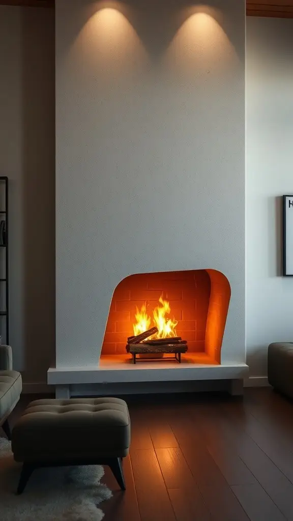 A modern fireplace with a unique shape featuring a curved design and glowing flames.