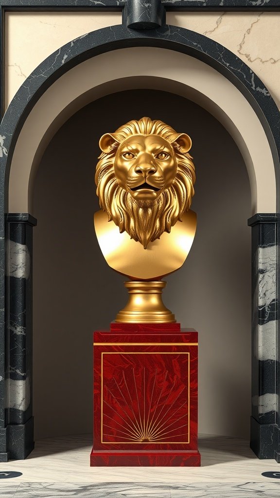 A brass lion bust on a red Art Deco pedestal, showcasing a luxurious design.