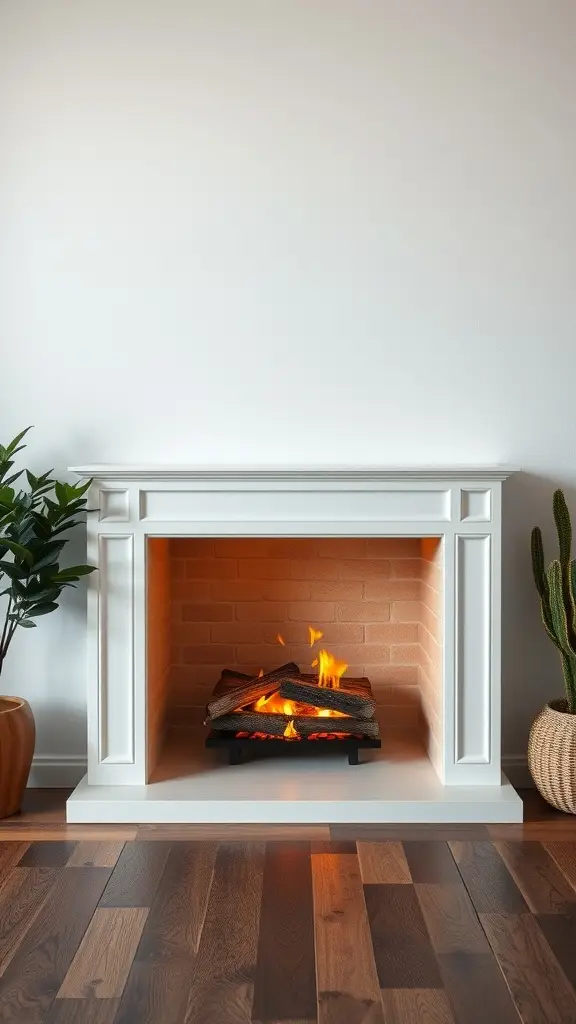 A modern fireplace with integrated air purifier, featuring a cozy flame and surrounded by plants.