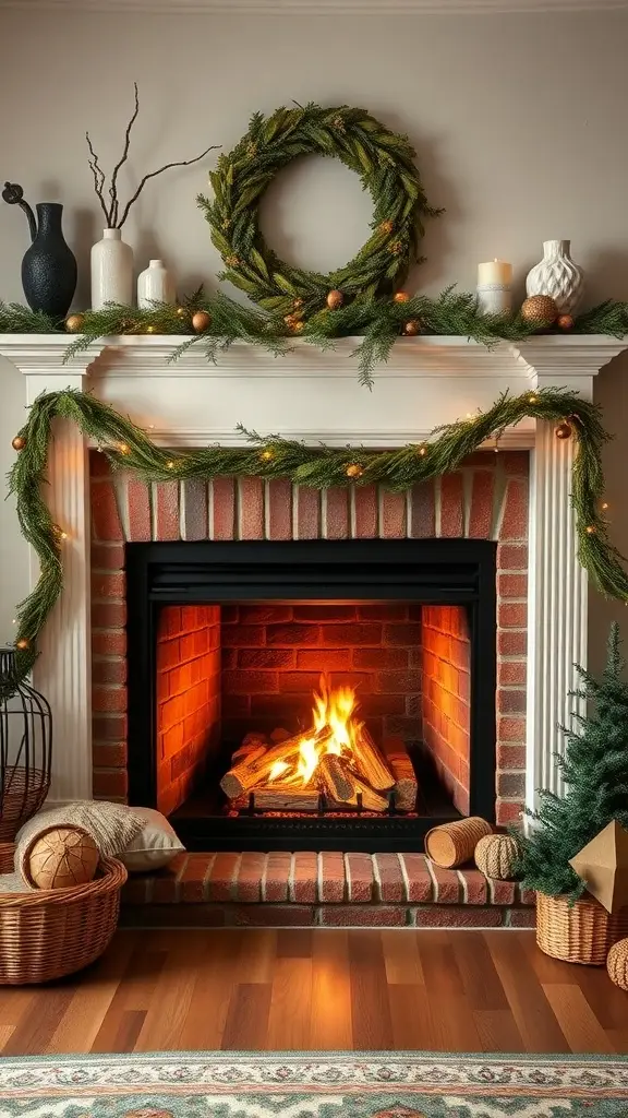 A cozy fireplace decorated with a green wreath and garland, surrounded by seasonal decor.