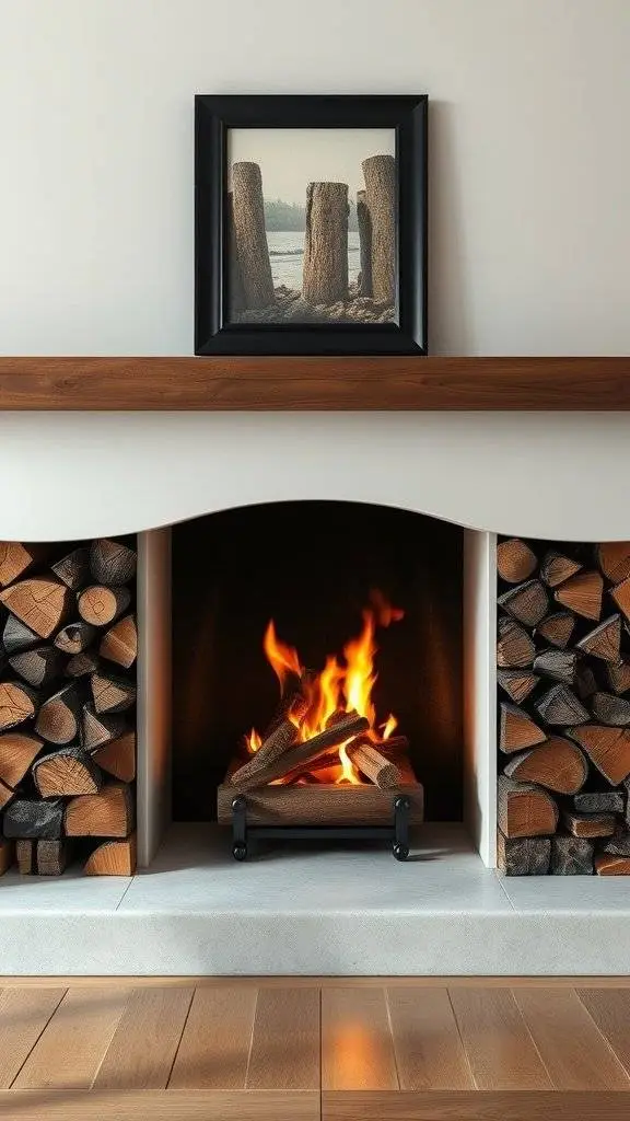 A modern fireplace with neatly stacked firewood, stone base, and decorative items on the mantel.