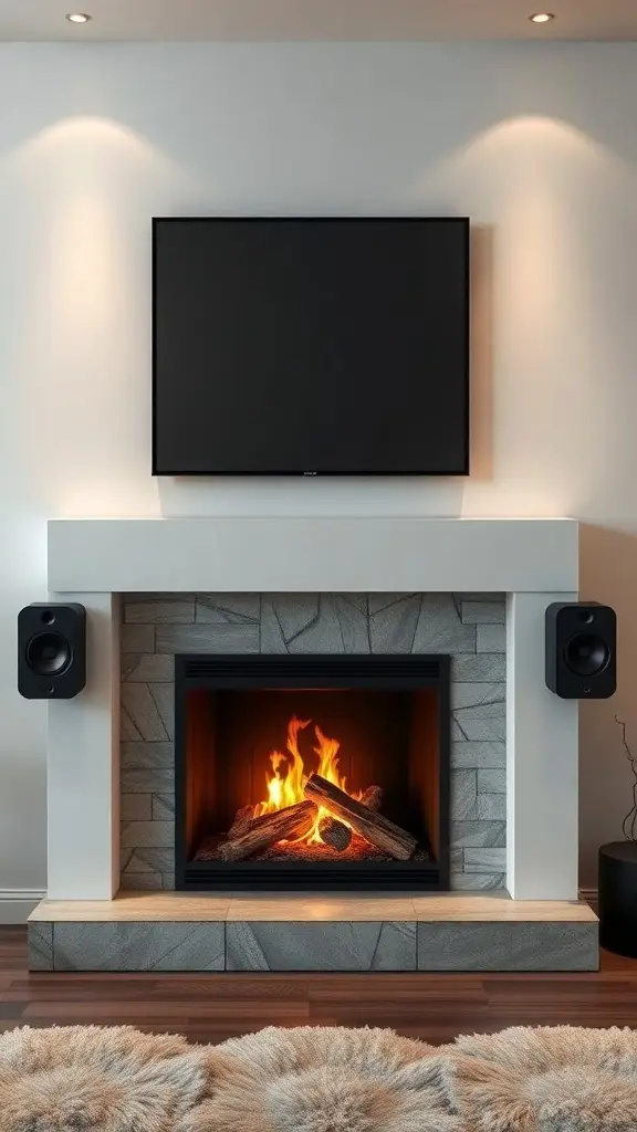 A modern fireplace with built-in sound speakers, featuring a cozy fire and a sleek design.