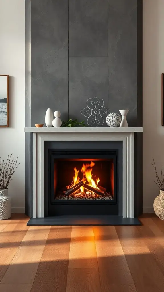 A modern fireplace with a dark surround and a warm fire, showcasing innovative heat distribution.