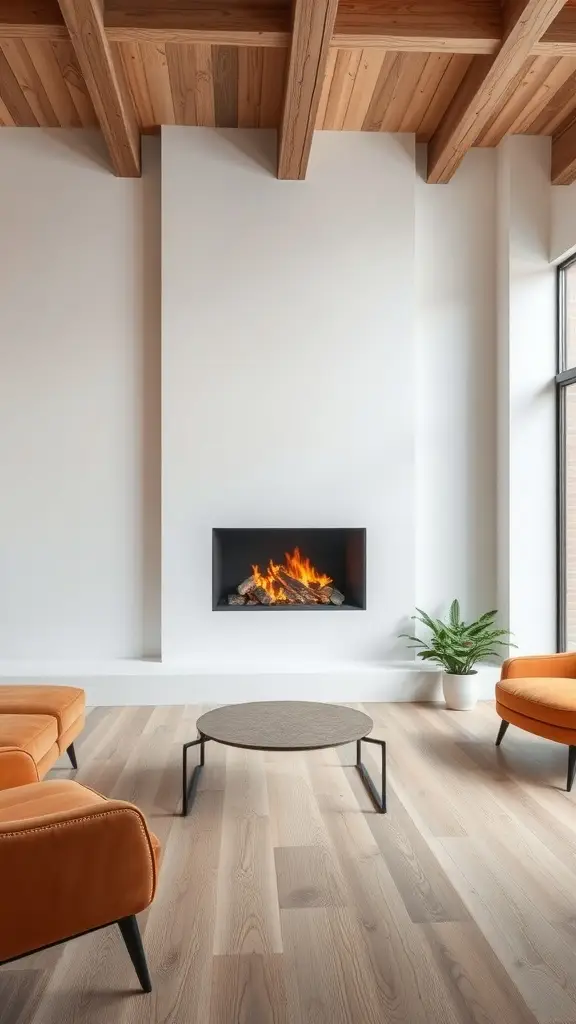 A modern, minimalist fireplace with flames, surrounded by orange chairs and a round table in a bright room.