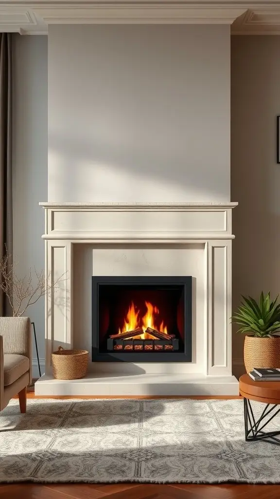 A modern fireplace with customizable flame heights, featuring a sleek design and warm flames.