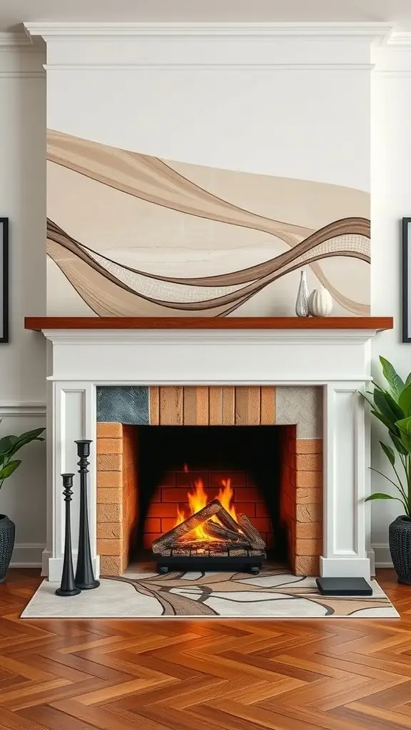 A modern fireplace with artistic wall surround and warm flames.