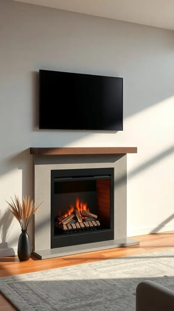 Modern fireplace with embedded technology and a TV above it, featuring realistic flames and a minimalist design.