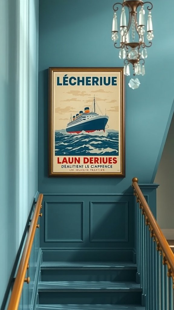 A vintage 1920s travel poster of an ocean liner in a jewel-toned stairwell with a chandelier.
