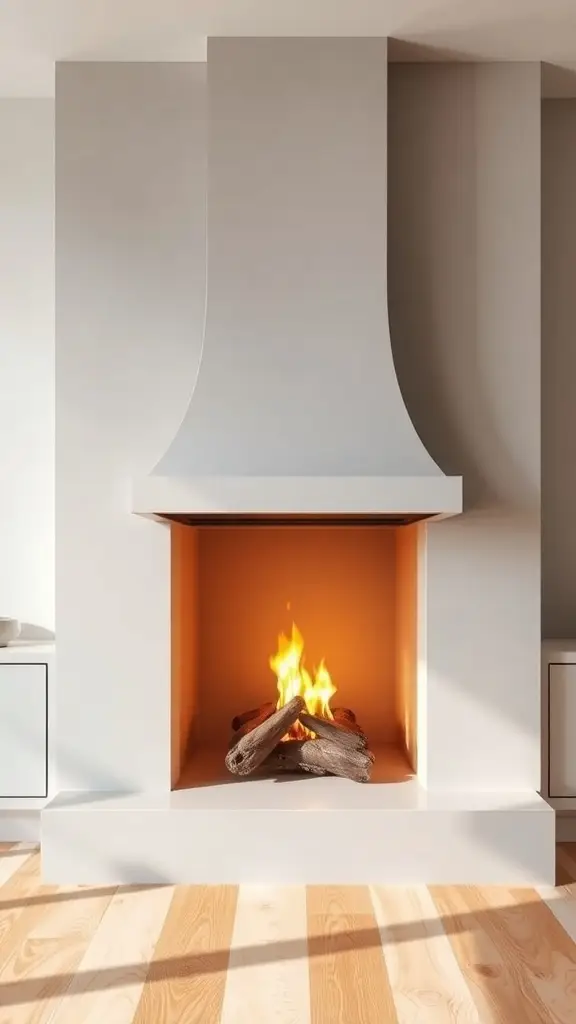 A modern fireplace with a tall, curved chimney and a warm fire burning inside.