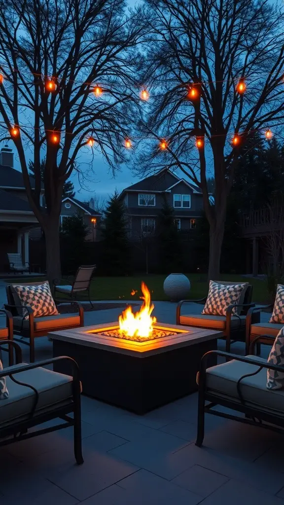 A cozy outdoor setting featuring a bioethanol fire pit surrounded by chairs and string lights.