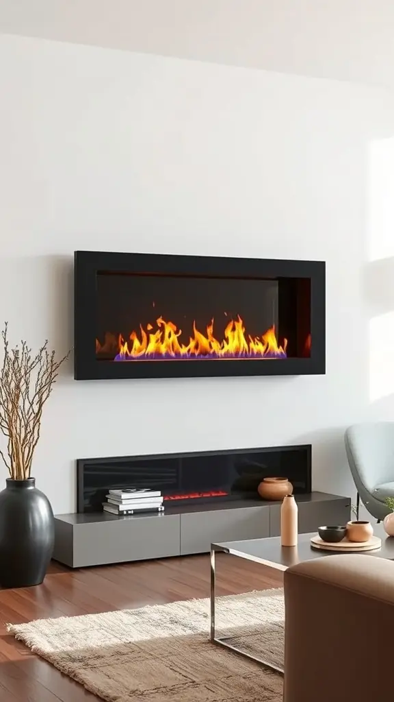 A sleek wall-mounted bioethanol fireplace with flames, set against a minimalist wall.